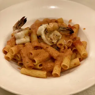 Rigatoni in tomato basil cream sauce with 2 shrimp