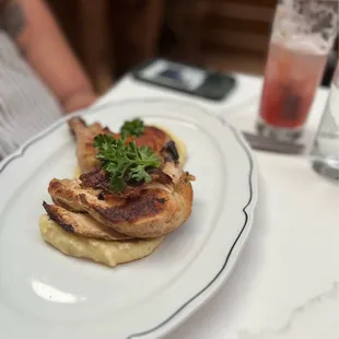 Roasted chicken over silken mashed potatoes, sweet options of the day mocktail