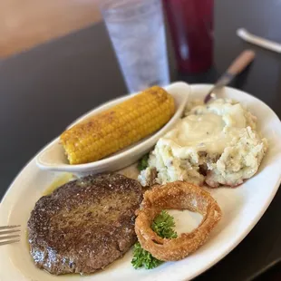 Chopped steak, mashed taters, corn on the cob