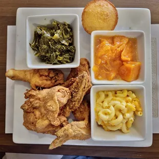 Greens, Candied Sweet Potatoes, Fried Chicken, Macaroni and Cheese