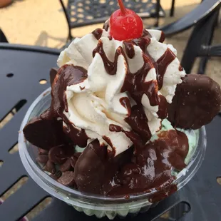 a chocolate sundae topped with whipped cream and a cherry