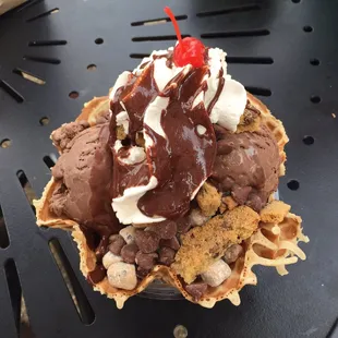 a chocolate ice cream sundae with a cherry on top