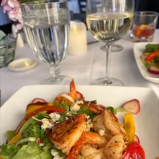 Today's special - Grilled Prawns and Peaches with  strawberries &amp; peppers, Honey Citrus salad dressing