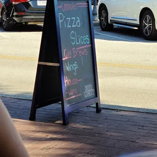 a sidewalk sign on a city street