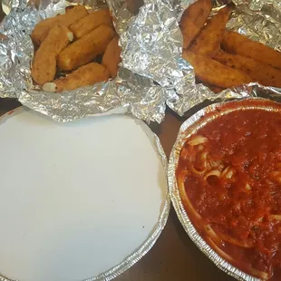 Mozzarella sticks, chicken tenders and spaghetti dinner