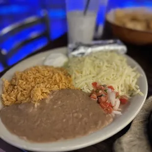 Rice,refried beans, pico de gallo and cheese