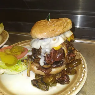 Double bacon  cheese burger with mushrooms and jalapeños