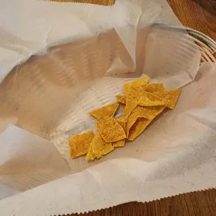 Lonely scathering of chips after waiting more than 30 minutes for our entrees to arrive.