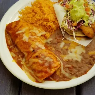 Crispy shrimp taco and enchiladas plate