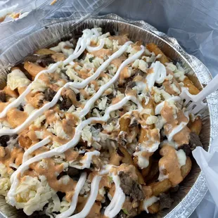 Carne asada fries, no pico.