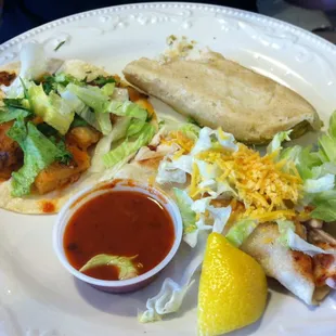 Fish taco, chicken taquito &amp; sweet tamale!!