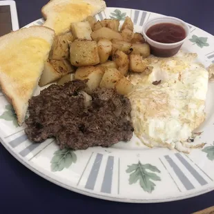 Eggs potatoes meat any time meals are great, good portions and service is amazing