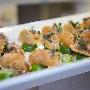 pork belly wanton tacos. Huge hit. 1-bite only perfect option for cocktail event.