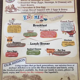 Kids menu