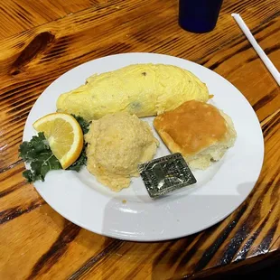 Josie's Dad's omelette with the house made cheese grits casserole.