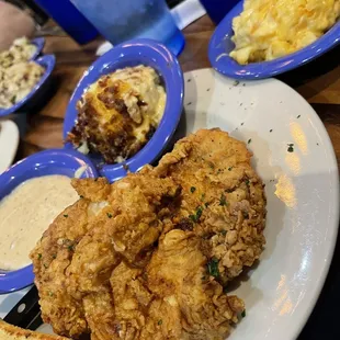 Fried Chicken with new potato casserole (side special of the day) and Mac &amp; cheese! YUM!!!