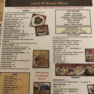 menu for lunch and dinner menu