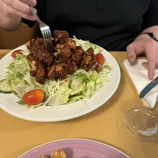 Fried Chicken Salad with Sriracha Honey BBQ sauce