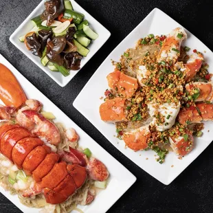 lobster cantonese | mushroom tree salad | Alaskan king crab aberdeen