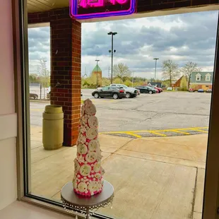 a cake in front of a window