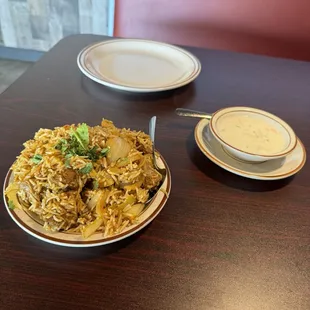 Lamb biryani and raita