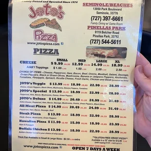 Pizza menu