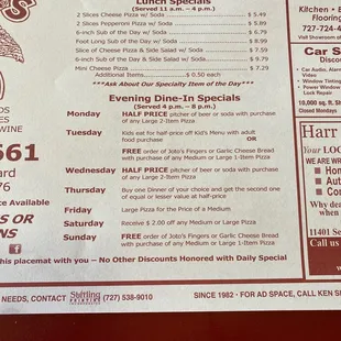 Lunch specials and evening specials