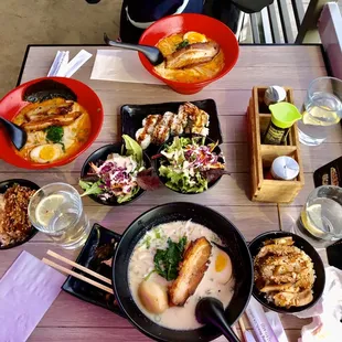 Delicious! Tonkotsu ramen, Shrimp Tempura Roll, Spicy Tonkotsu Ramen, Pork Bowl, Chicken Bowl and salad!