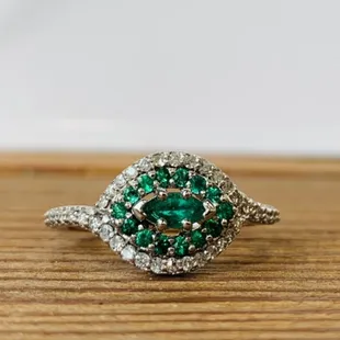 Redesigned ring with emeralds and diamonds. Made in Oklahoma Jewelry. Designed and made and Journey Jewelers.