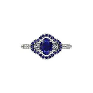 Digital rendering of lab created blue sapphire and Moissanite Engagement ring.