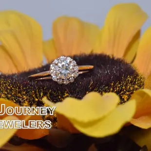 Rose gold halo engagement ring.