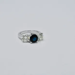 3 stone diamond and blue sapphire ring. Custom made at Journey Jewelers.