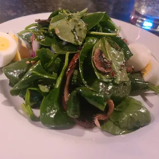 Warm bacon dressing, 
 hard-boiled egg, red onion and mushrooms