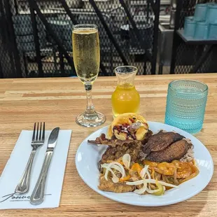 Passion fruit mimosa and my plate from the brunch buffet.