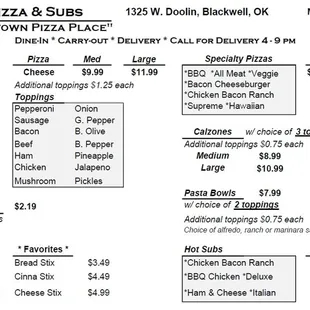 Menu as of 01/01/2020