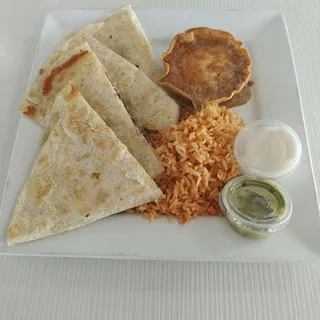 Cheese Quesadilla with Rice and Beans