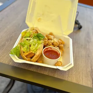 Shrimp Po Boy subbed chips for Parmesan Tots