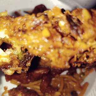 Inside of the egg foo young is burnt