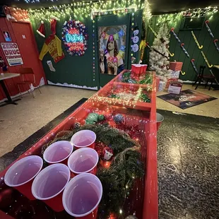 red plastic cups and christmas lights