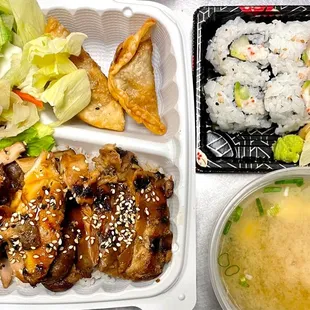 Are you hungry and don&apos;t know what to go with? Try the Special Bento! it has meat, rice, salad, roll, sushi and a soup!