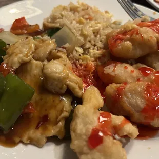 N6. Fried Rice, jalapeño chicken, sweet an C13. Sweet Sour Chicken with jasmine tea.