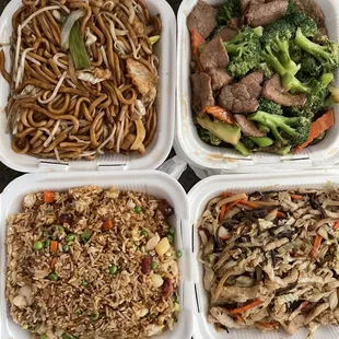 Chicken chow mein, broccoli beef, house fried rice, Mushu pork