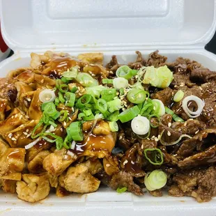 Half/half beef chicken teriyaki large. Small french fries.