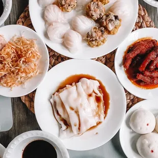 Shu mai, hac cao, bird nest shrimps, chicken feet, steam shrimp noodles, running egg yolk buns.