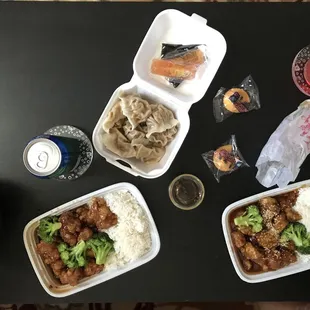 2 lunch specials plus dumplings (lunch special is rice/chicken/ side (we got egg roll and wonton soup) and free drink)