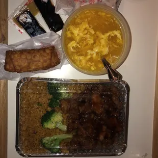 General tsaos chicken and egg drop soup and eggroll