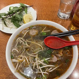 Rare Beef Flank and Meatball Pho with chili oil added