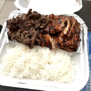 Bulgogi beef with Chicken  katsu on the right with rice (white)