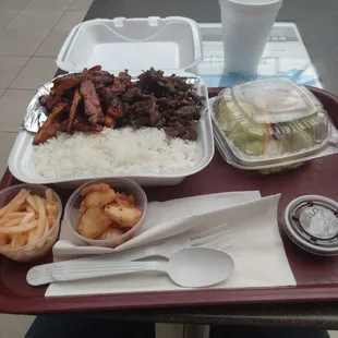 Bulgogi beef and spicy chicken combo.