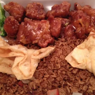 Finished product (Genral Tso&apos;s Chicken with fried rice and crab rangoons)